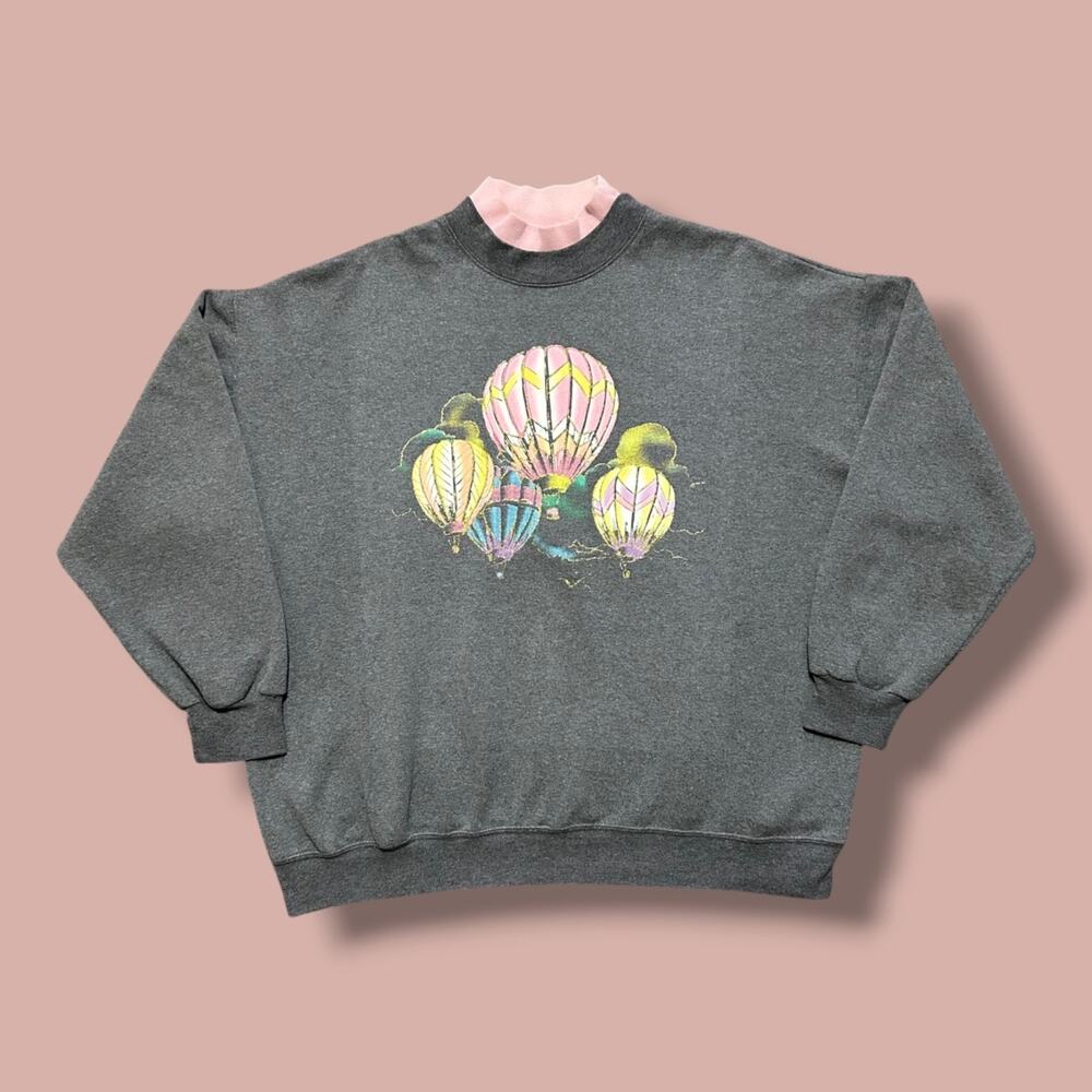 Vintage Hot Air Balloon Sweatshirt Crewneck Pullover 80s 90s Gray Pink XL